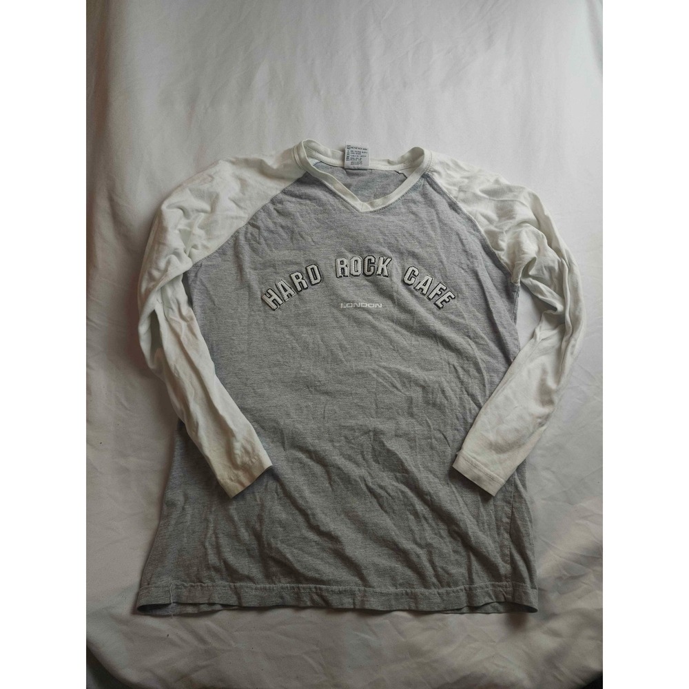Hard Rock Cafe London Raglan V-Neck‎ Long Sleeve Shirt Grey White Medium